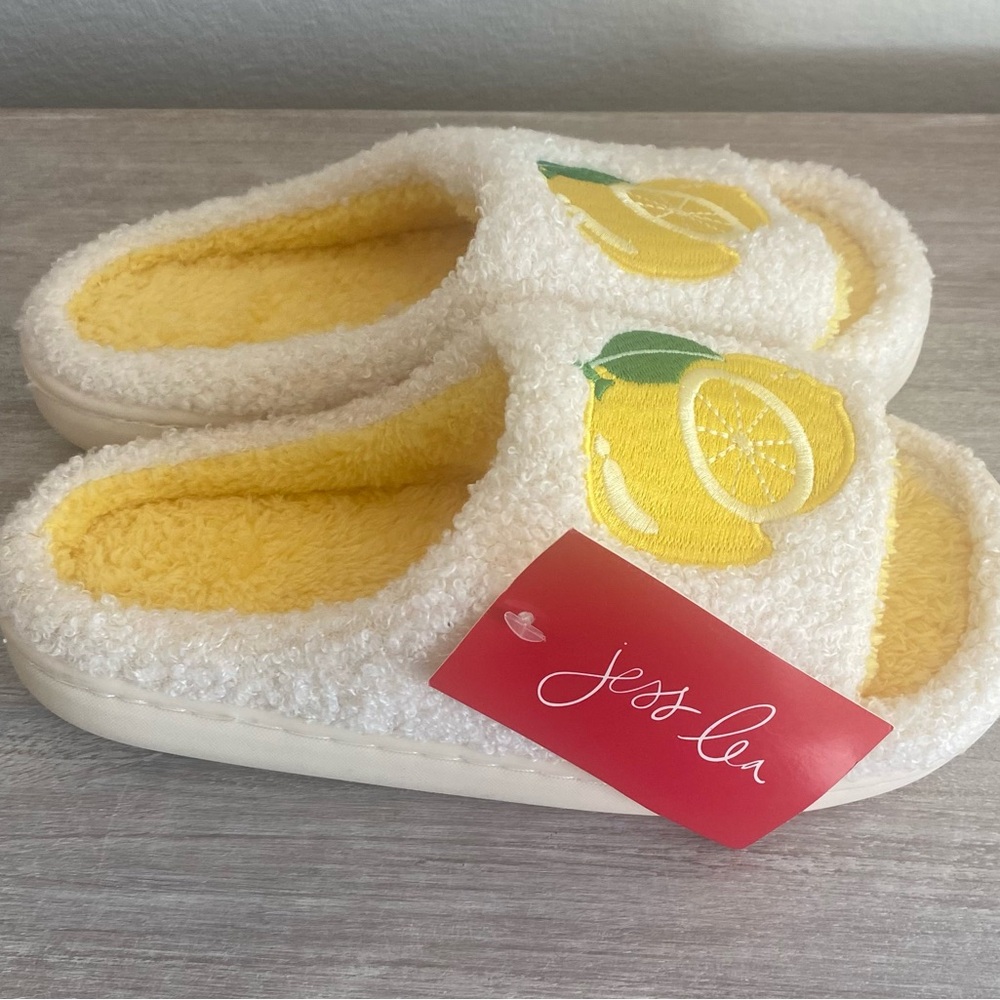 Jess Lea Lemon Drop Open Toe Faux Sherpa Summer Fruit Nonskid Slippers S, L - Picture 5 of 6